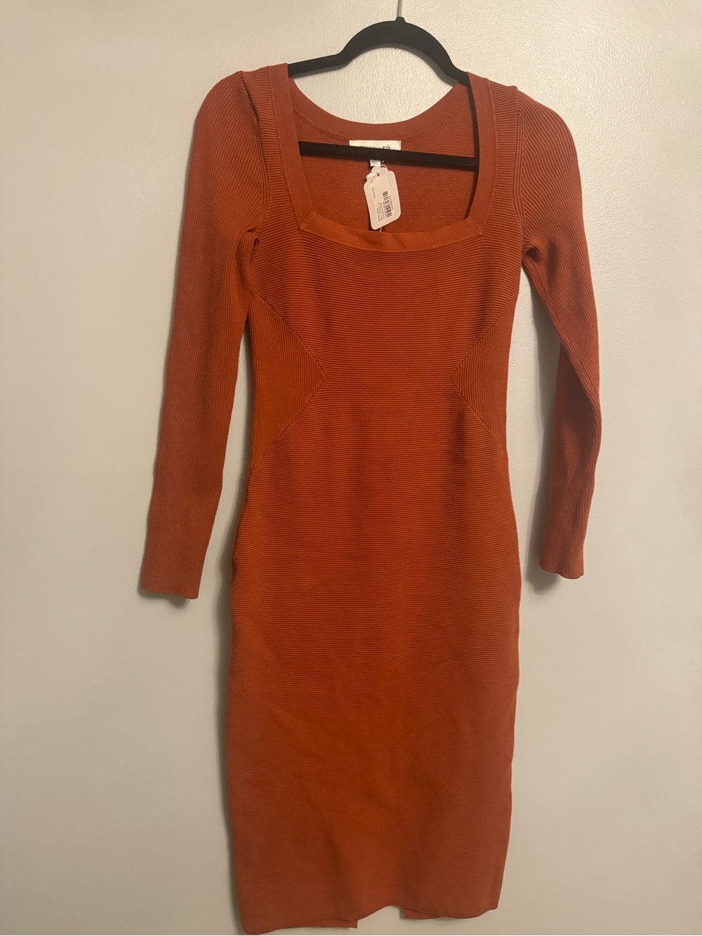 Toccin x RTR Square Neck Long Sleeve Knit Midi Bodycon Dress Rust Small $325 - Picture 4 of 5